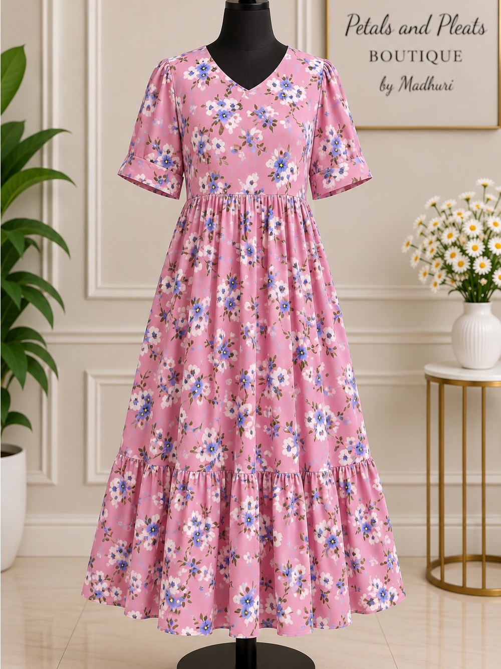 Petals and Pleats Pink Floral Midi Dress